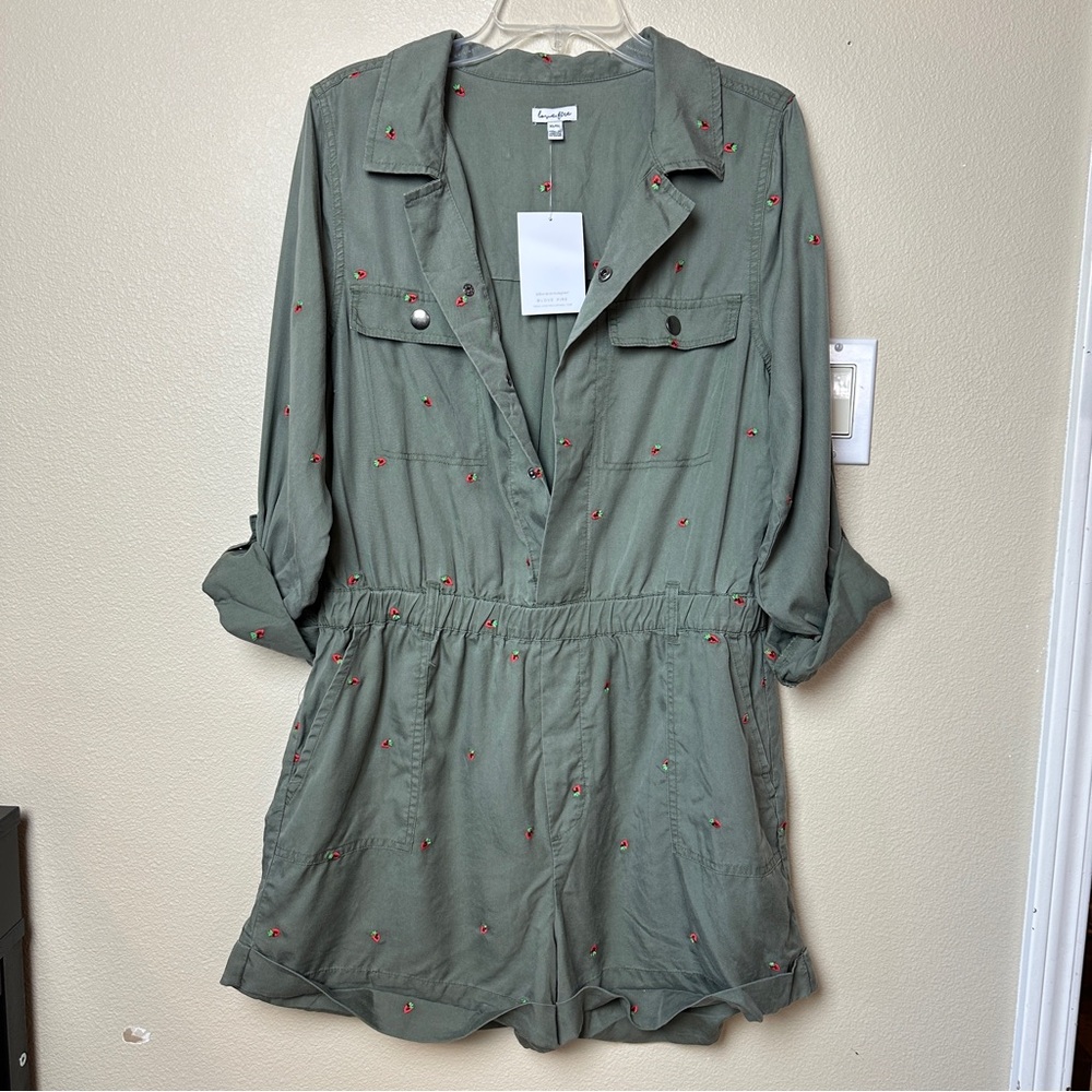 Love Fire Olive Green Embroidered Strawberry One Piece Romper Shorts Size XL NWT